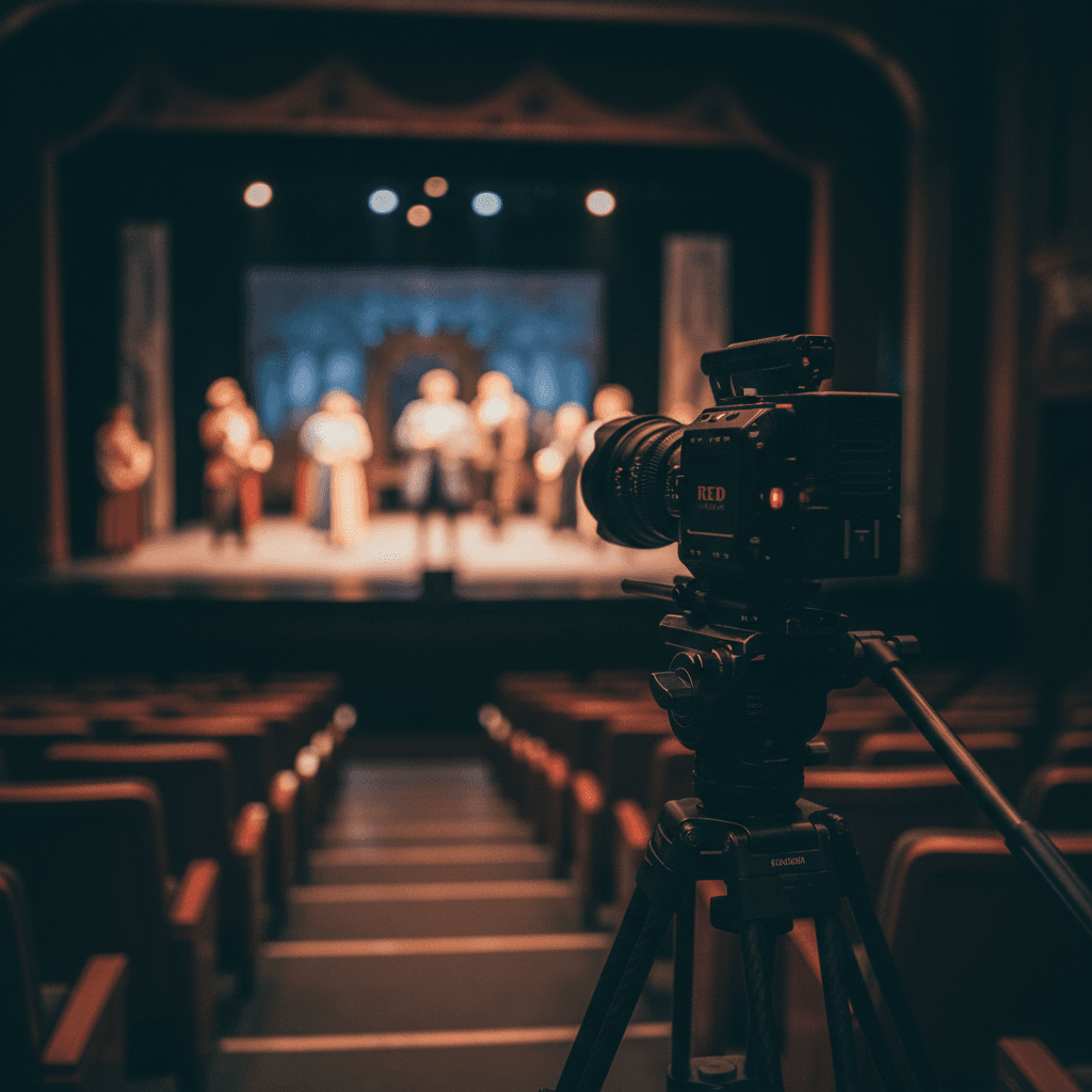 Video camera on tripod recording a live theatre performance