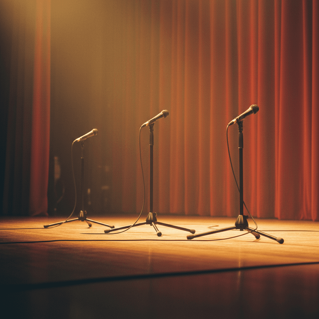 Three dynamic microphones on stands positioned across a stage
