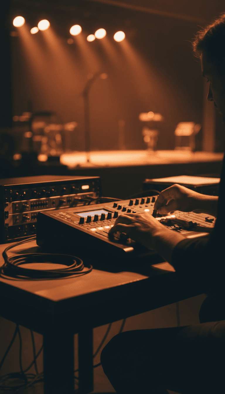Technician adjusting a mixing console at a theater soundcheck