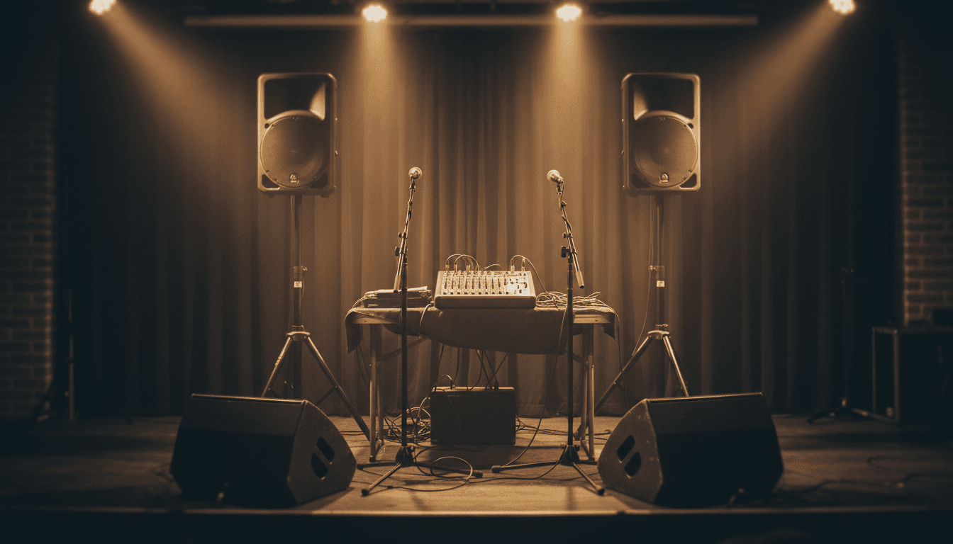 Compact PA system with speakers, monitors, and microphones set up on a small stage