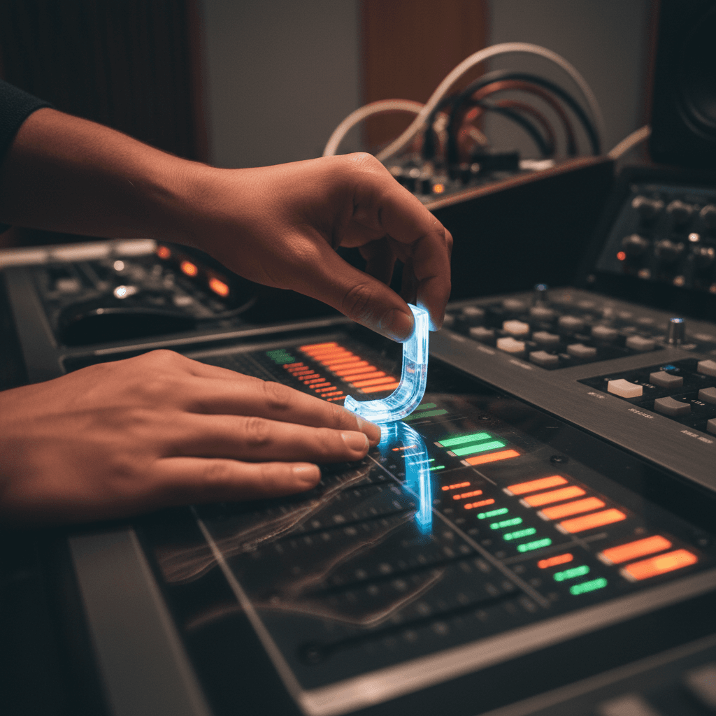 Hands adjusting an EQ fader on a digital audio console