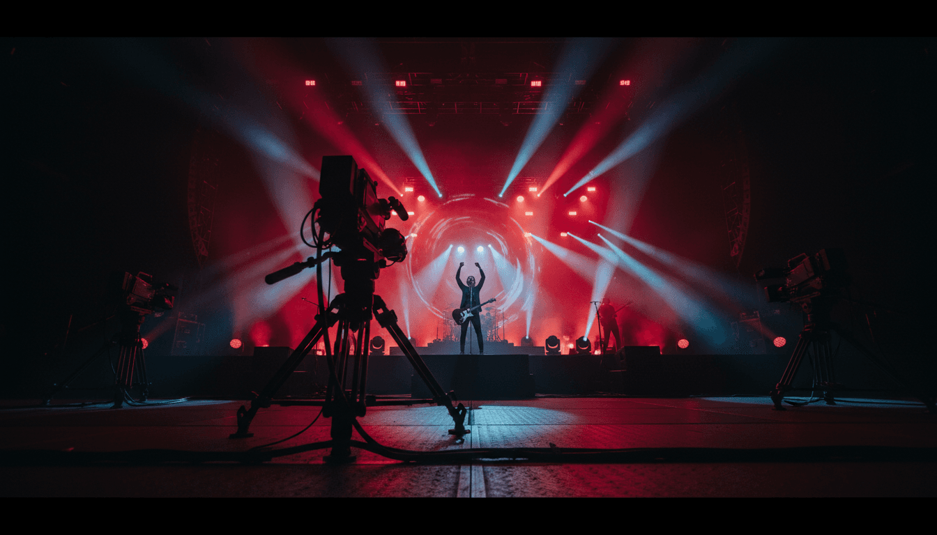 Camera on tripod capturing a performer on a dramatically lit stage