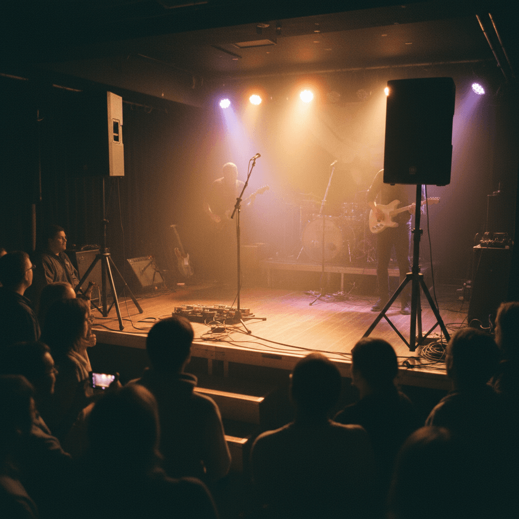 Two 15-inch PA speakers on stands set up on a small stage
