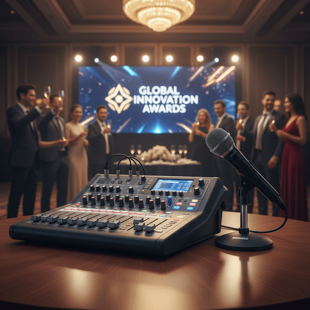 Audio mixer with faders and a wireless microphone on a table