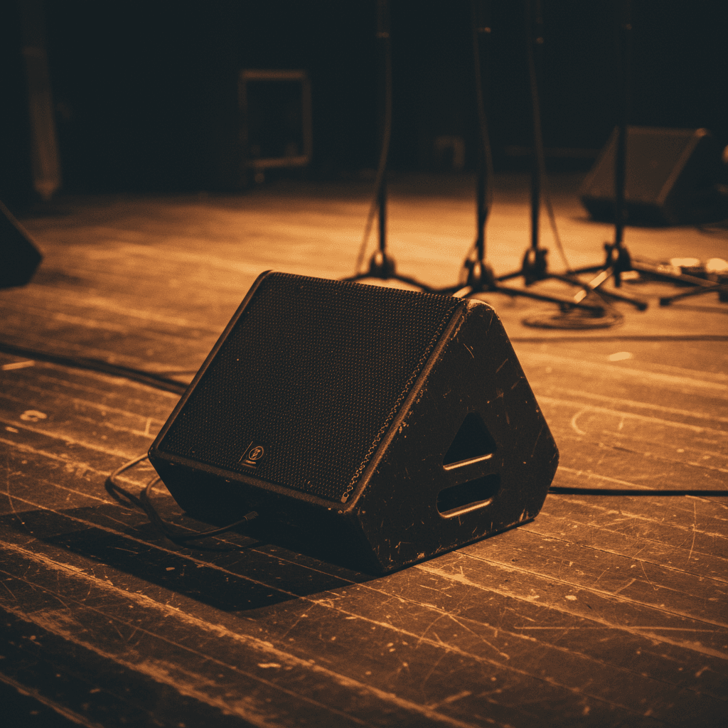 Black 12-inch wedge monitor placed on a stage floor