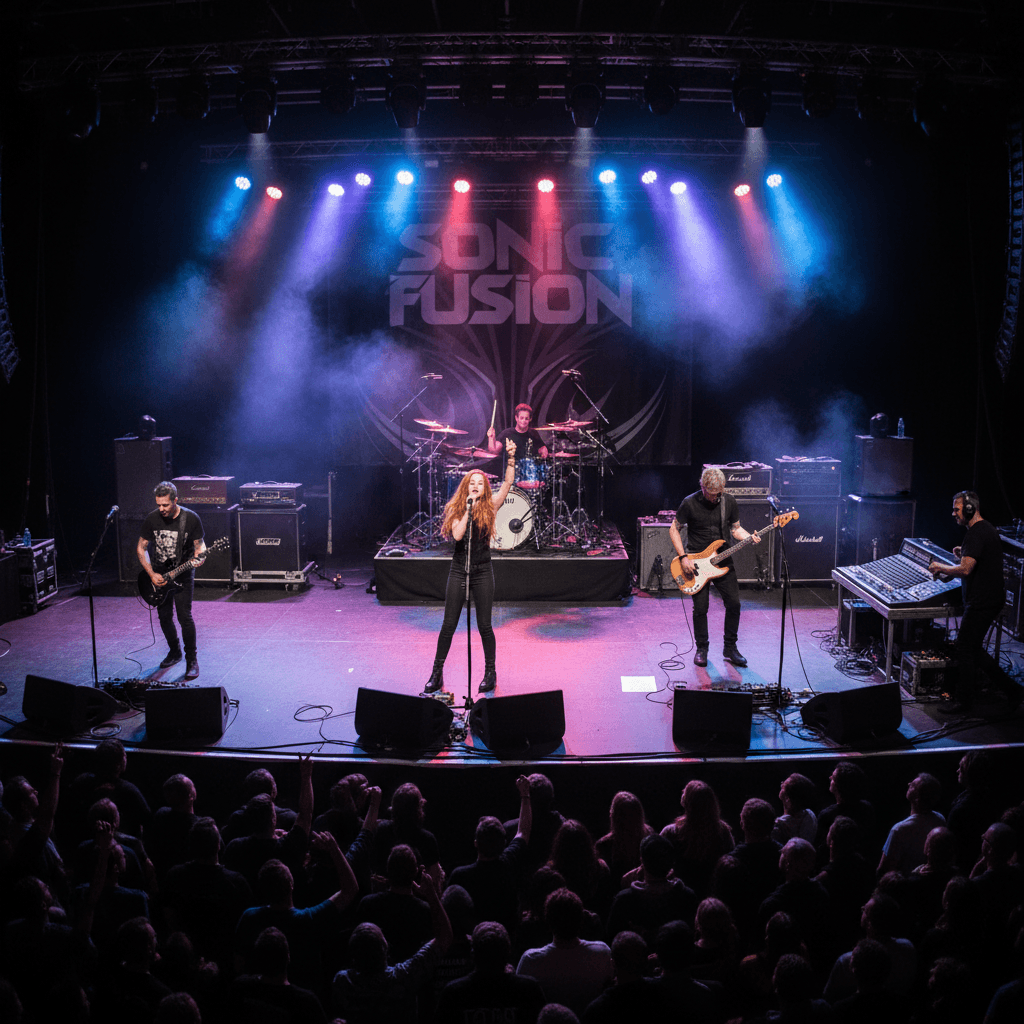 Band performing with monitor speakers and live sound gear on stage