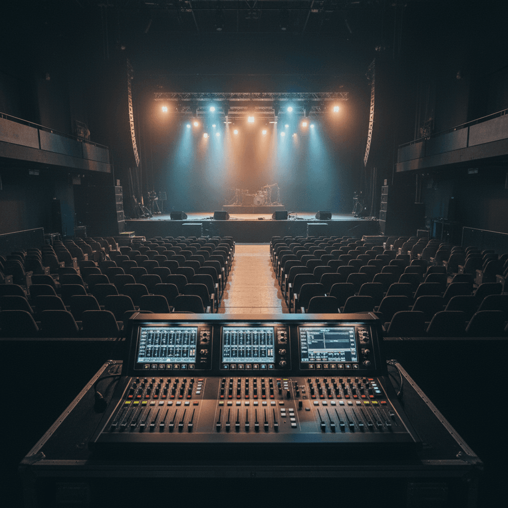 View from mixing console at the back of a venue toward the stage