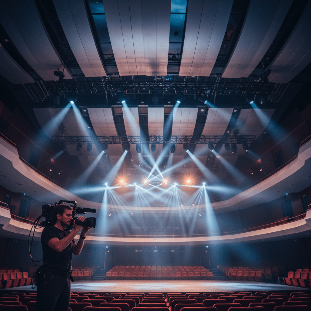 Camera operator recording in a modern performing arts venue