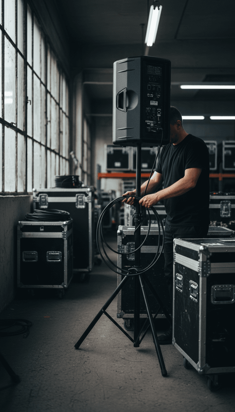 Technician setting up a powered PA speaker cable in a warehouse