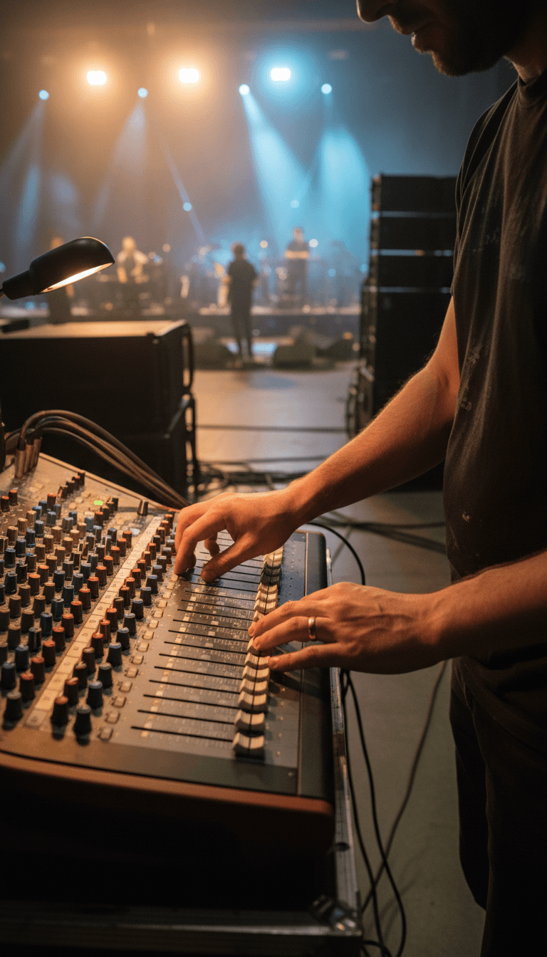 Sound engineer adjusting a mixer during concert setup