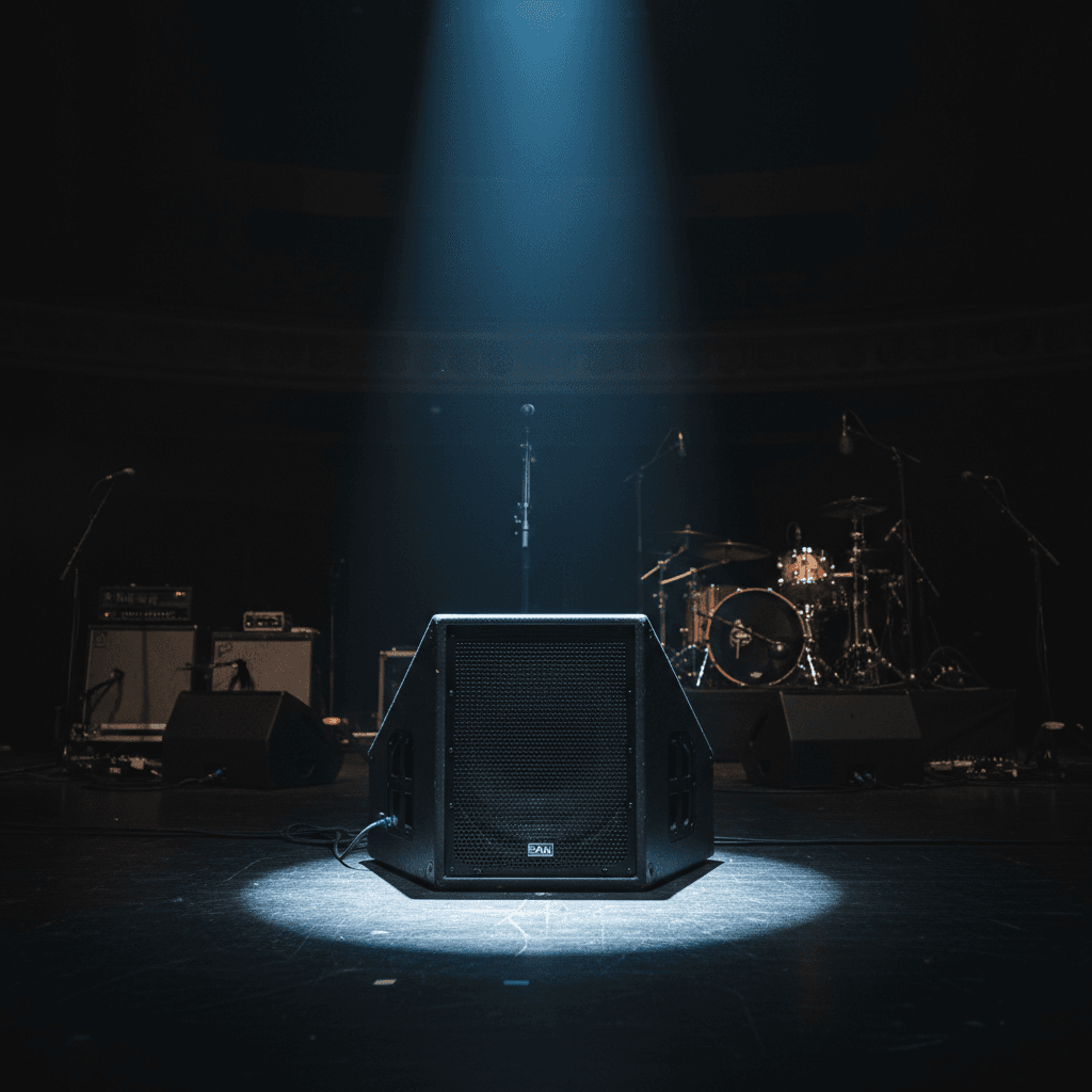 Large subwoofer cabinet on a venue floor