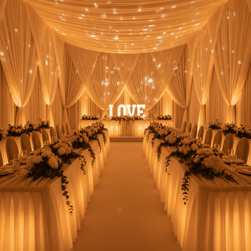 Warm uplighting over draped walls and tables at a wedding