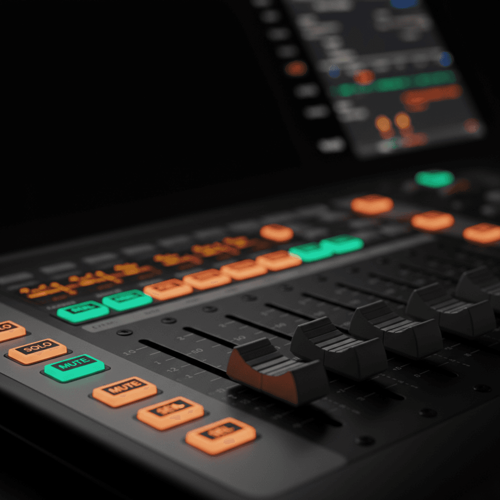 Close-up of audio mixer faders and buttons on a console