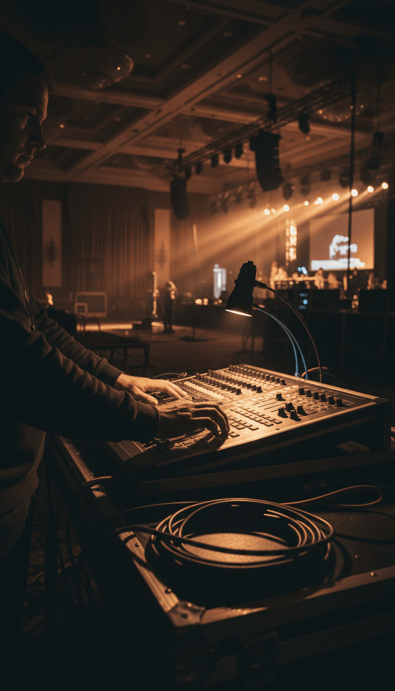 Technician adjusting lighting console during gala setup