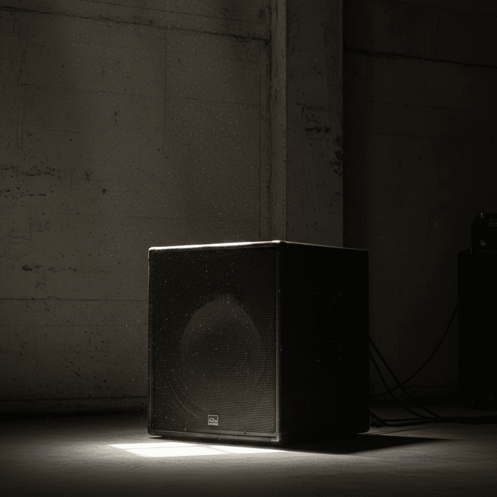 Subwoofer cabinet in a dimly lit rehearsal space