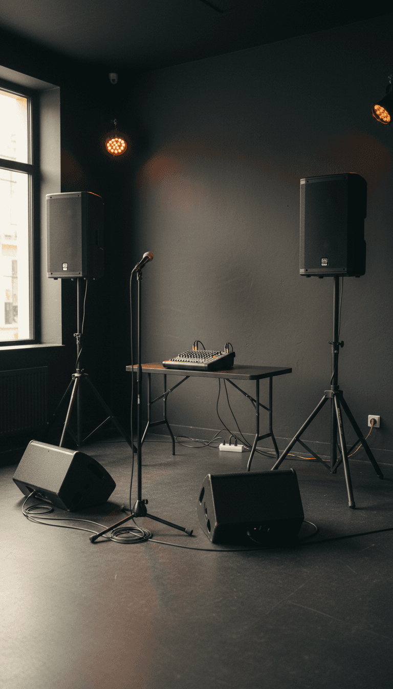 Compact PA system set up on a small indoor stage