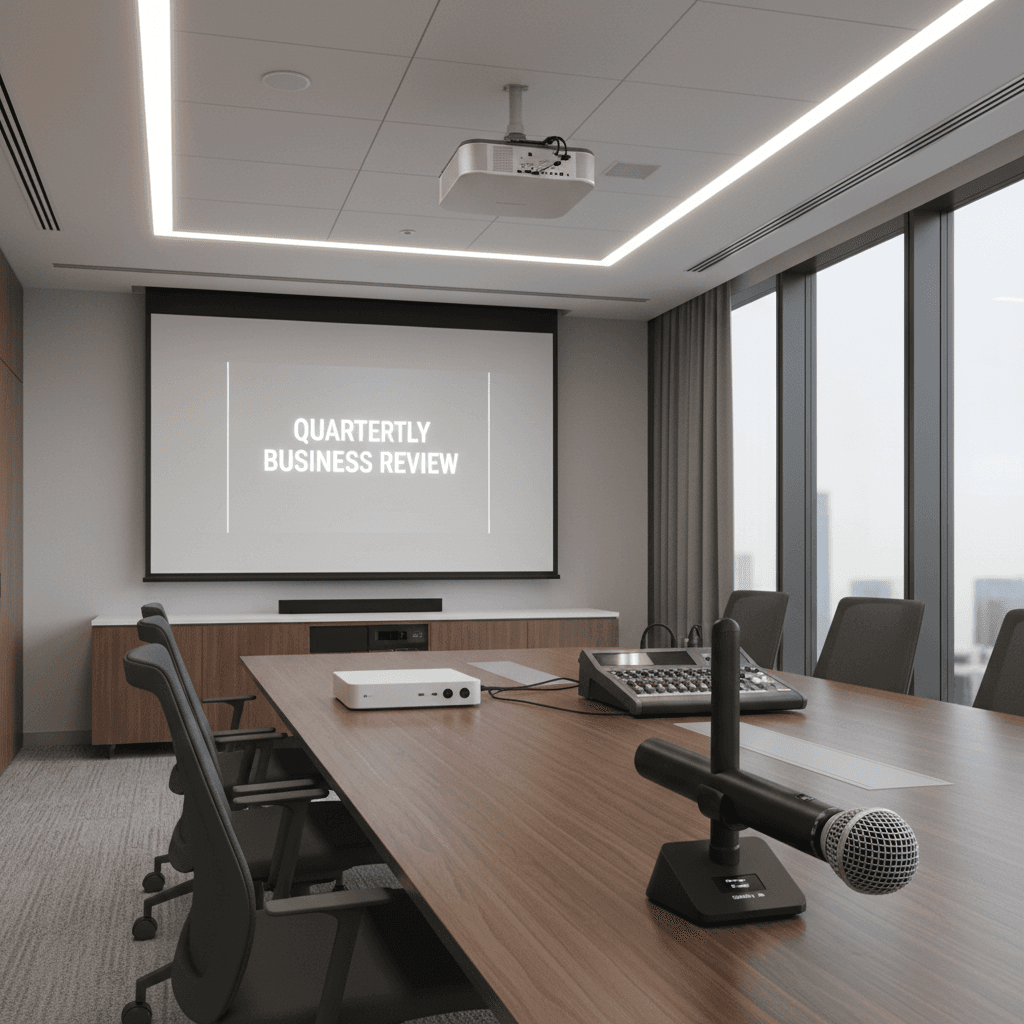Wireless microphone and projector in a conference room