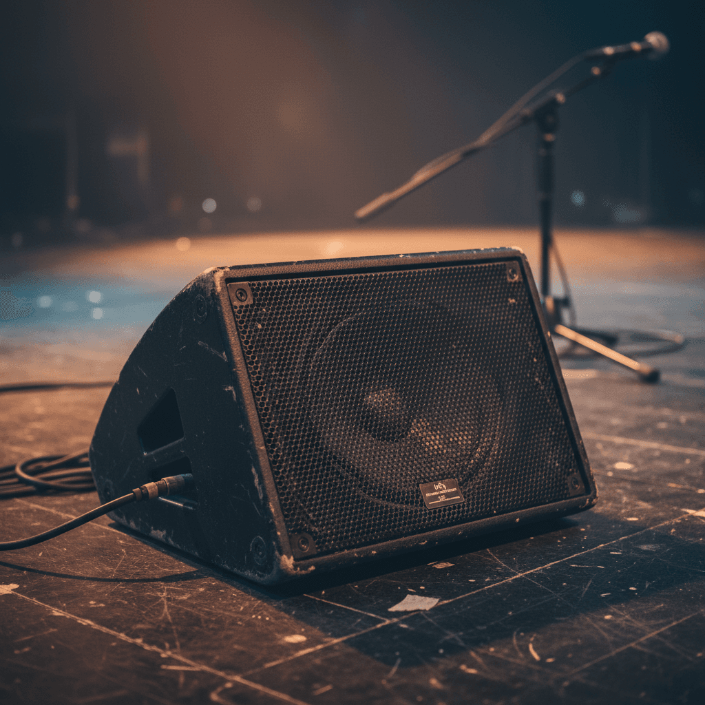 Wedge floor monitor on a stage floor with a microphone stand nearby