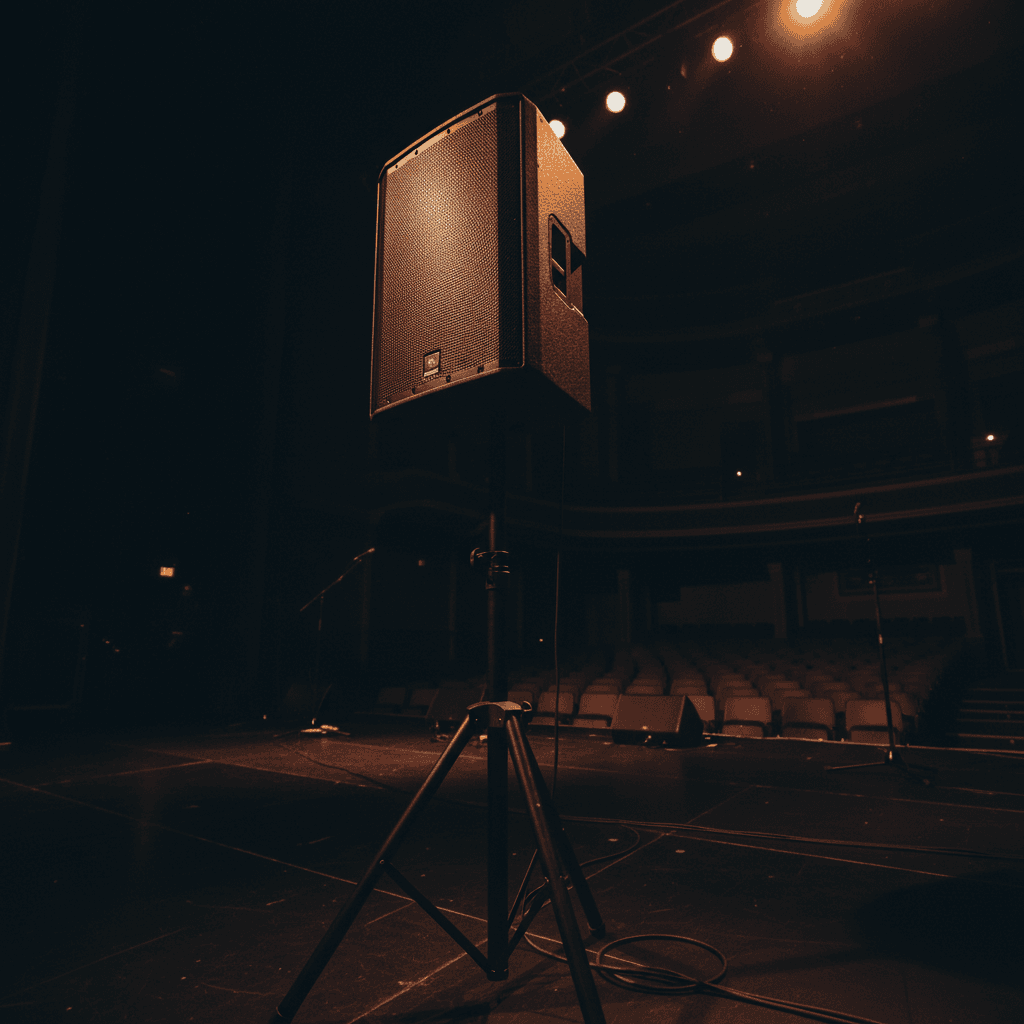 15-inch two-way PA speaker on a stand in a dark auditorium