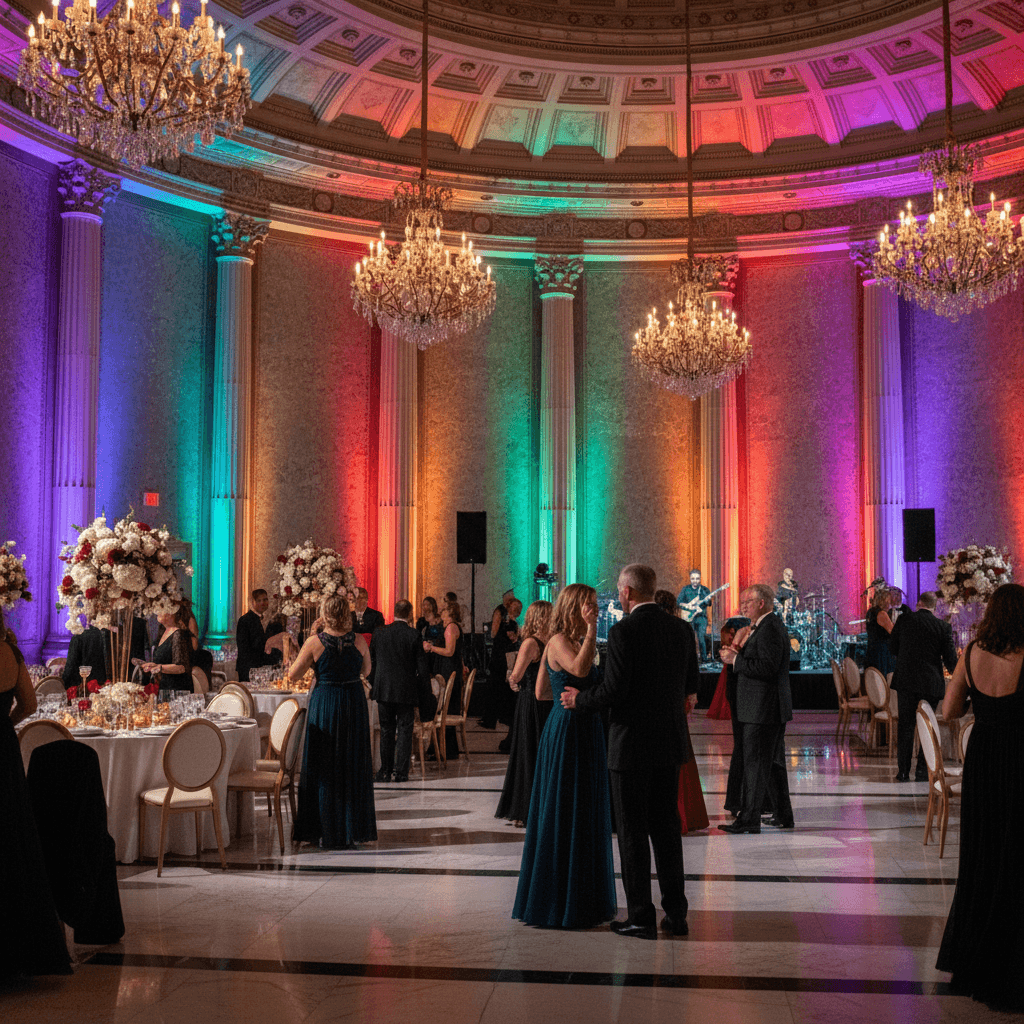 Colorful uplighting along walls in an elegant ballroom