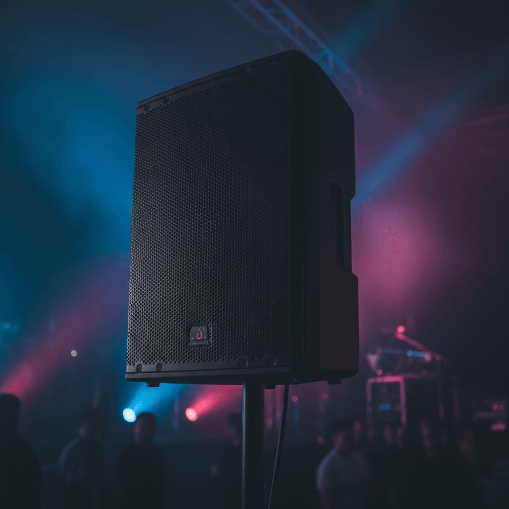 Powered PA speaker on a stand in a dark venue