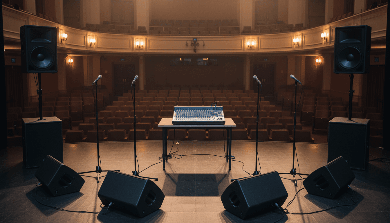 Complete PA system setup on stage with speakers, subs, mixer, and microphones