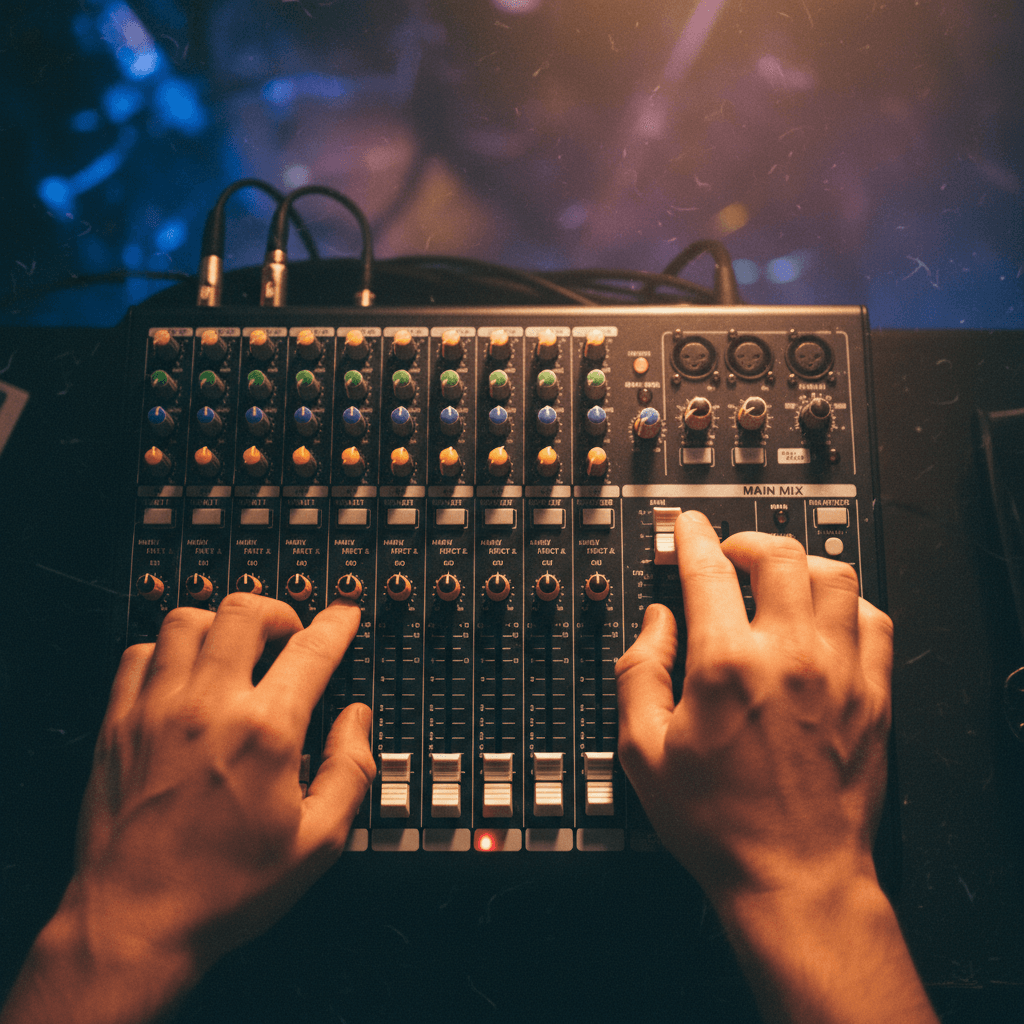 Hands adjusting faders on a Mackie ProFX12V3 mixer