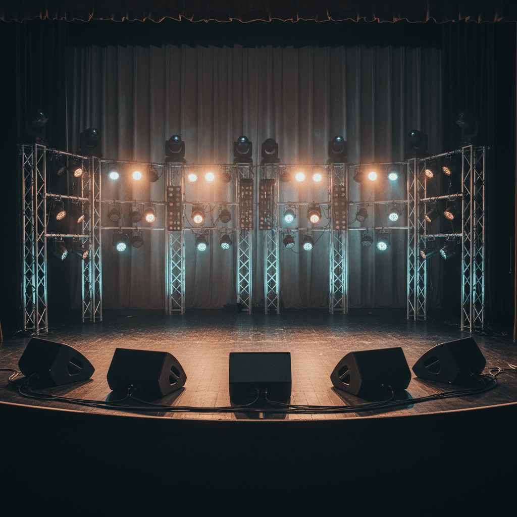 Floor monitors arranged on a wooden stage