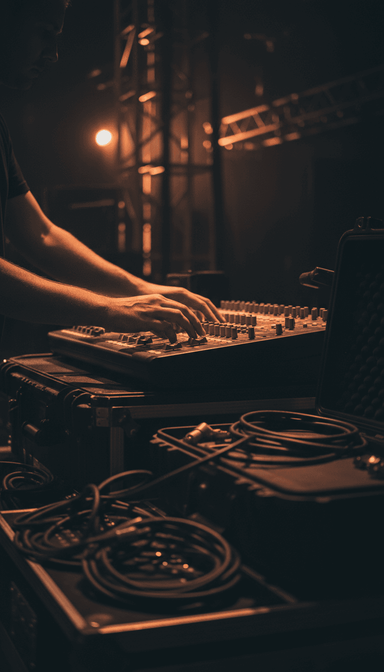 Hands adjusting a professional audio mixer backstage before an event