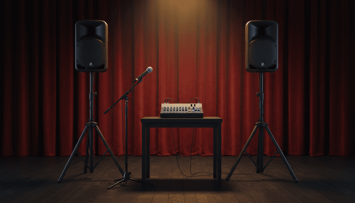 Starter PA package setup with speakers and mixer on stage