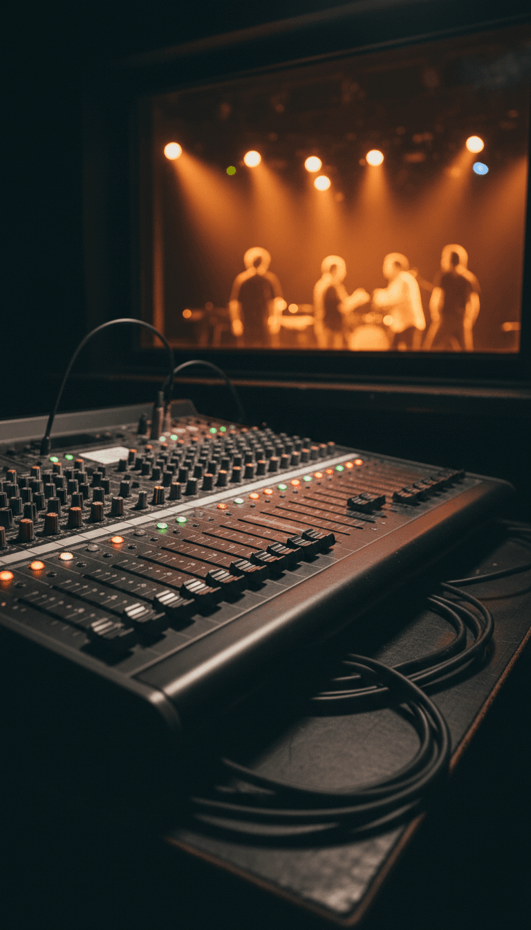 Theatre audio mixing console at a live performance