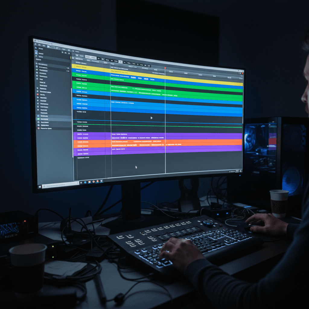 Video editing timeline with audio tracks on a monitor