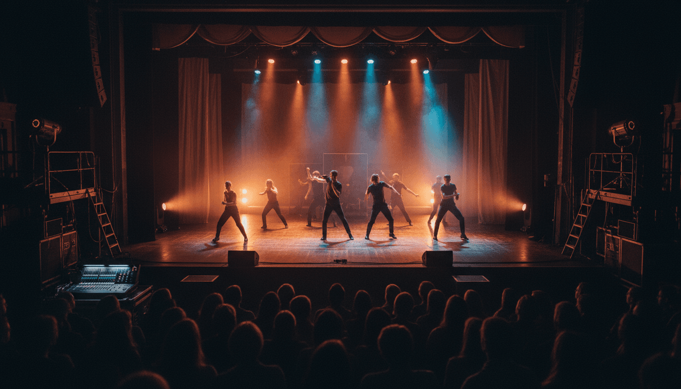 Theatre stage with dramatic spotlights and performers