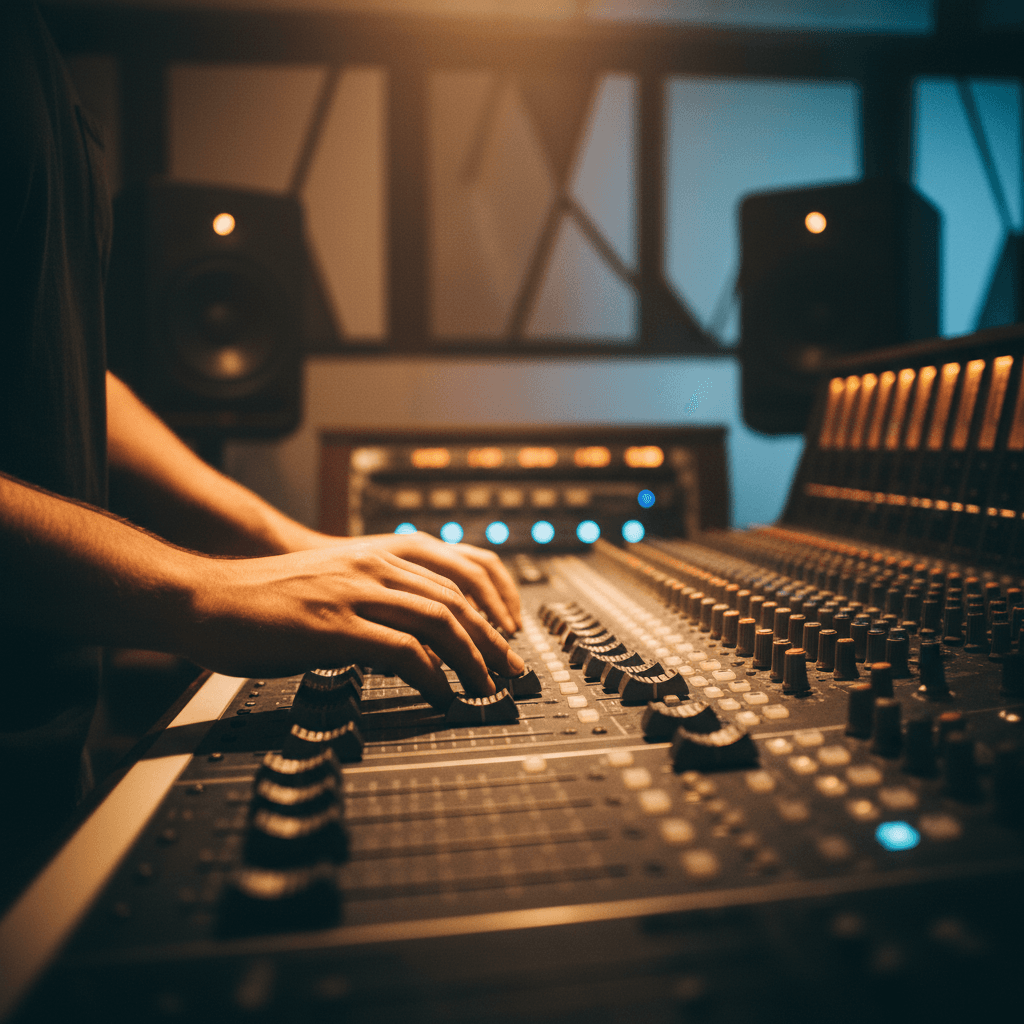 Audio engineer adjusting mixing console faders with precision during recording session, warm studio lighting