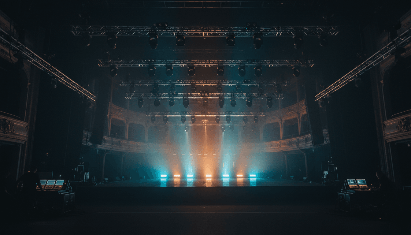 Professional stage lighting rig with technicians operating consoles, atmospheric lighting creating dramatic beams over performer area