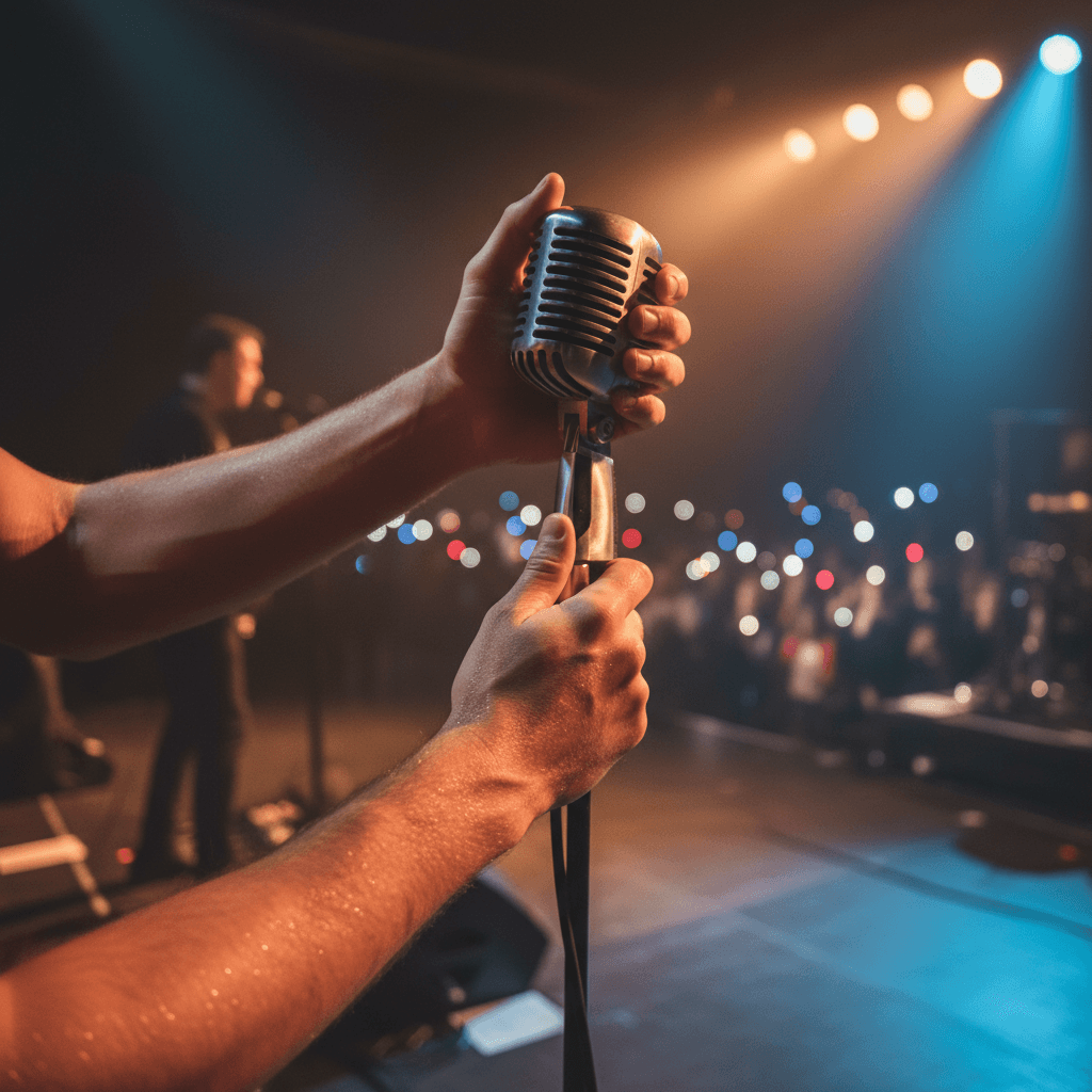 Musician's hands adjusting microphone on concert stage with dramatic blue and amber lighting
