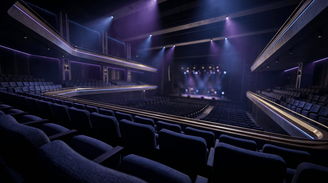 Professional stage setup with audio speakers, video displays, and theatrical lighting rigs