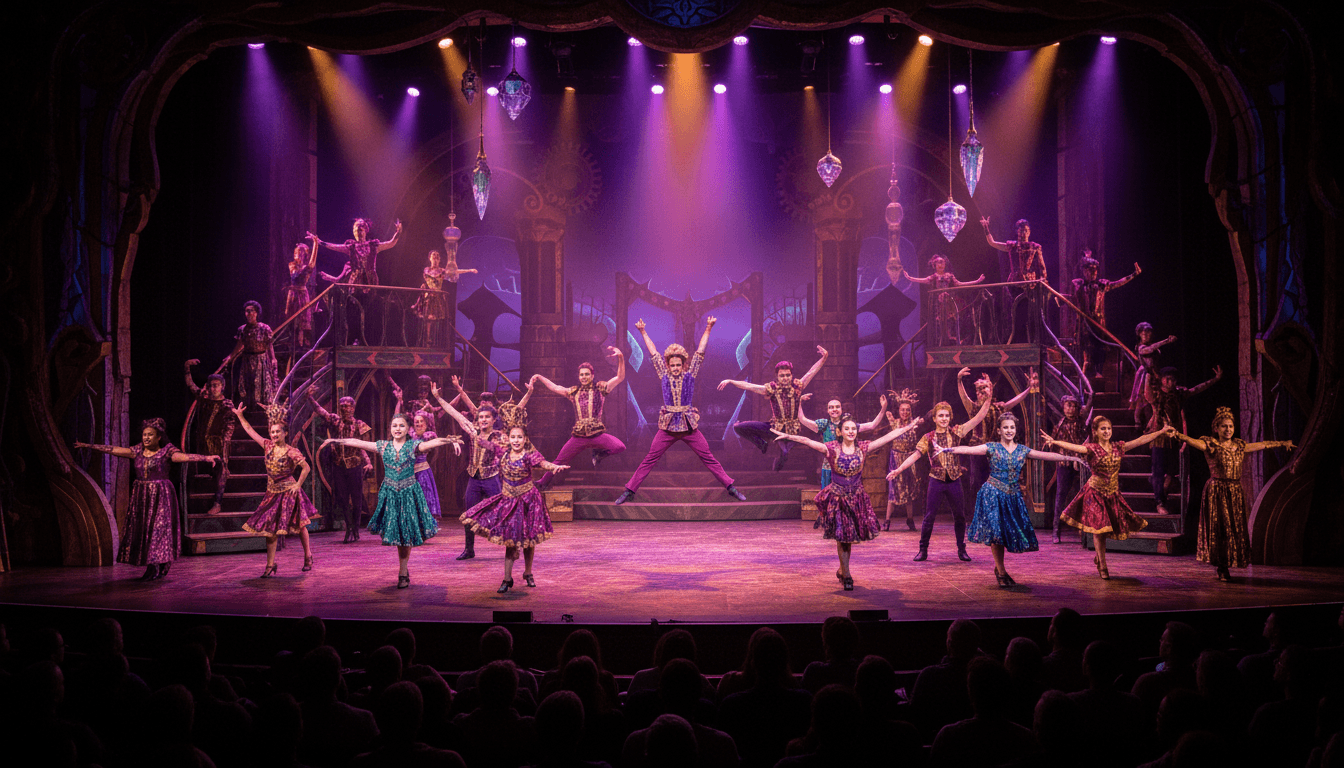 Full ensemble of diverse performers dancing in vibrant costumes under dramatic theatrical lighting on ornate stage set.