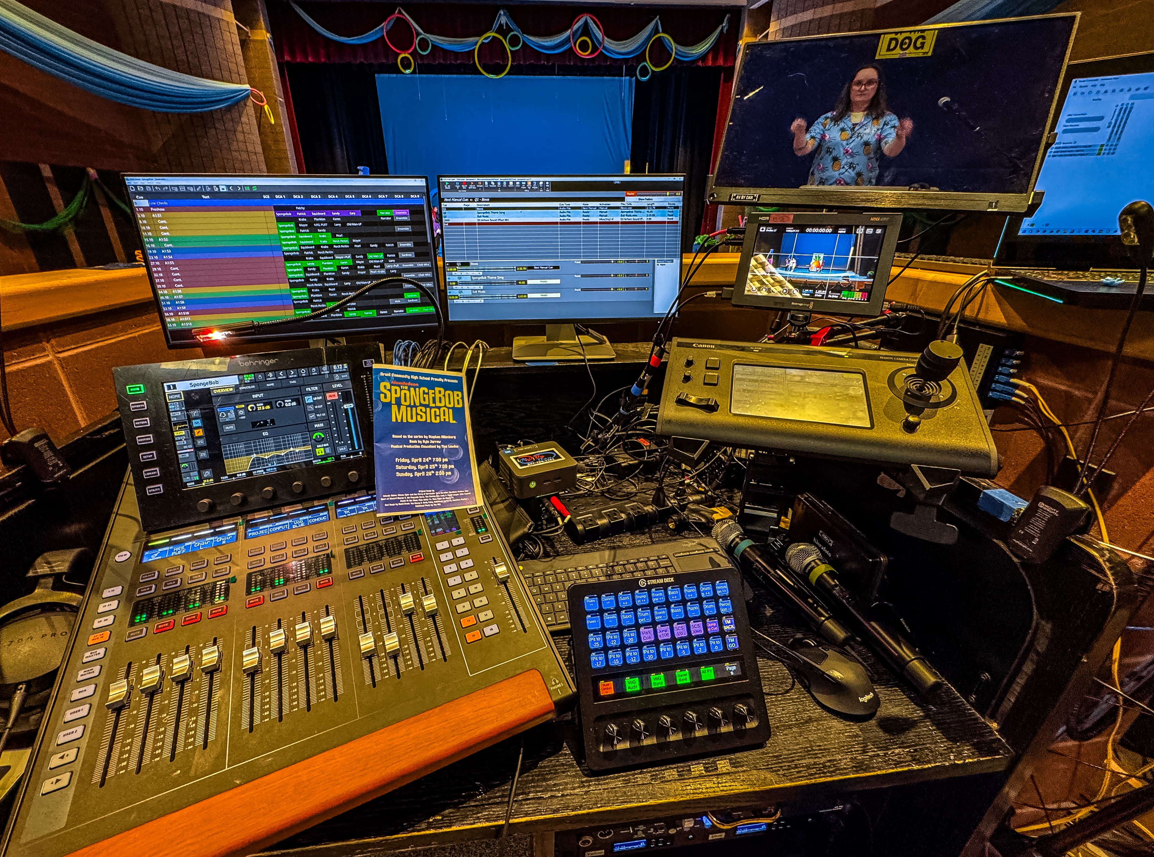 Theater control booth with a digital audio mixer and monitors for a SpongeBob Musical production.