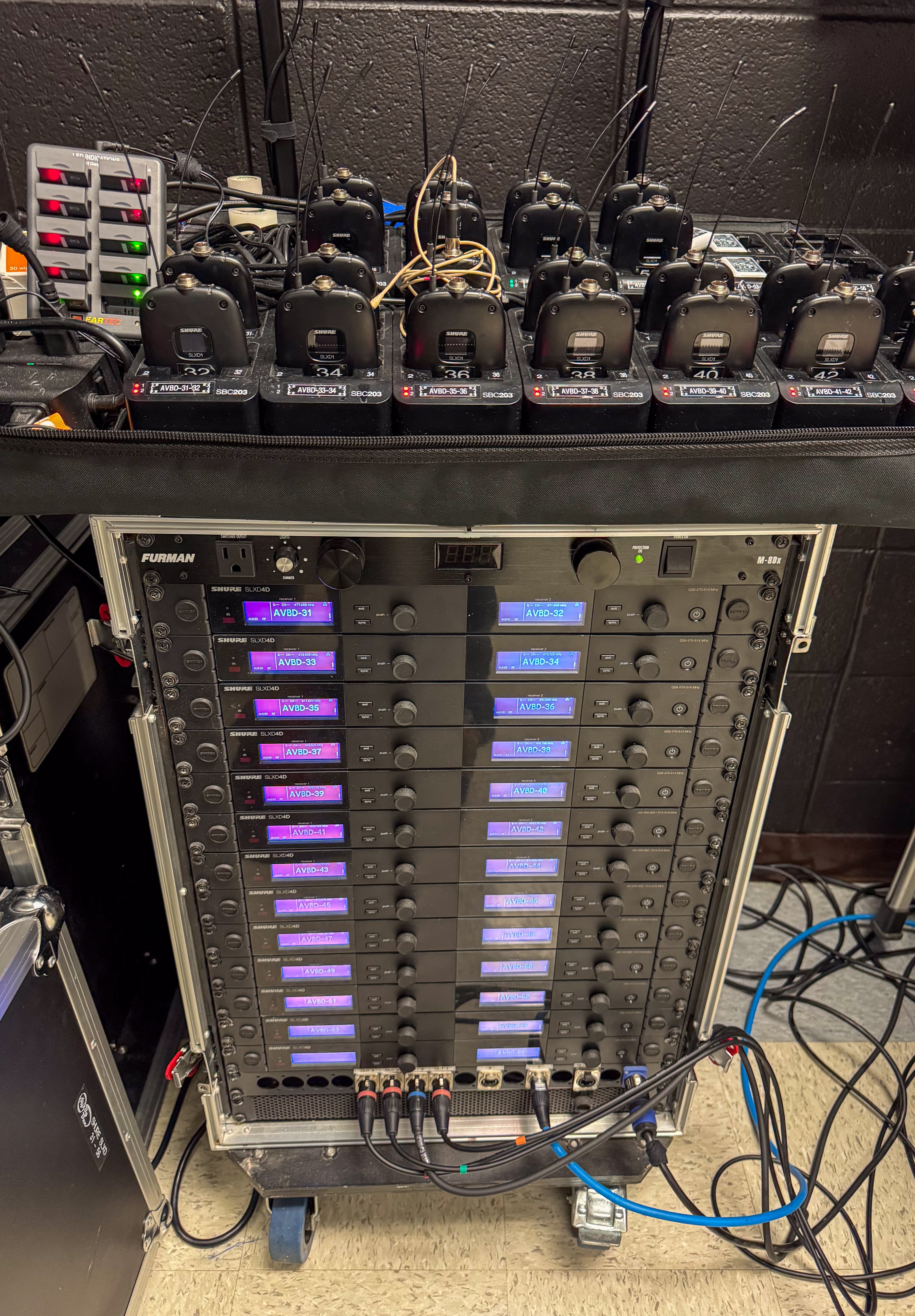 Professional audio rack featuring Shure wireless receivers and a charging station for bodypack transmitters.